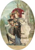 19th Century English school, A scene of three elegant female figures, oil on board, 7