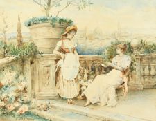 Circle of Glendenning, circa 1890, Two ladies on a terrace with a view of a continental city beyond,
