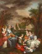 18th century school, A scene of figures at leisure in a parkland setting with a young girl playing