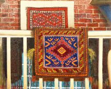 Modern British, a study of carpets hung from a window, oil on canvas, signed, 24