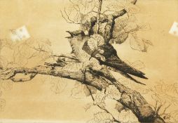 George Edward Collins (1880-1968) British, a small bird warbling amidst branches, etching, signed in