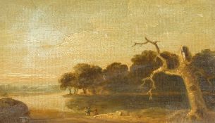 Two figures in a river landscape, oil on paper, 4.5