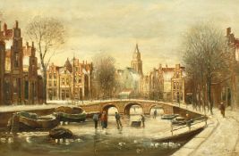Alfred Martens (20th century school) Dutch, A scene of figures on a frozen waterway by a bridge