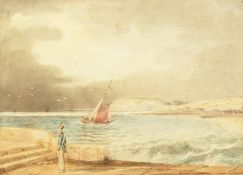 19th century French school, a coastal scene with a soldier walking along the promenade with boat and