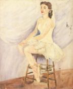 20th century English School, Two portraits by the same hand of seated women, one of a ballerina on a