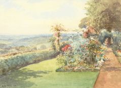 Arthur Mayrick (early 20th century) British, A garden scene with flowers and hedging along a path,