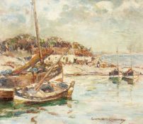 Gertrude Mary Coventry (1886-1964) Scottish, a Continental coastal scene with boats and figures