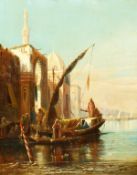 19th century, A scene of boats moored by an eastern quay with buildings alongside, signed with