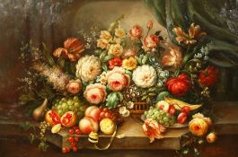 N. Kelly Swan (20th/21st century) An abundant still life of mixed flowers and fruit, oil on panel,