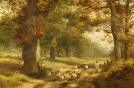 19th century school, A Shepherd and his flock on a tree-lined country path, oil on canvas, 8