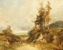 Carl Brennir (1850-1920) British, A scenic path leading to a lake with sheep grazing, oil on