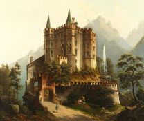 K. Herrle (19th century) Continental, A pair of scenes of castles in dramatic landscapes, oil on