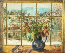 William Thornton Brocklebank (20th century) British, Still life of foliage in a blue jug with a
