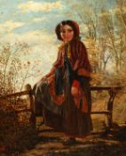 19th Century English school, a young lady leaning on a fence with a landscape beyond, oil on canvas,