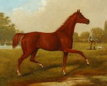 Samuel Spode (1798-1858) Irish, A prancing horse in a landscape with figures and a dog, oil on