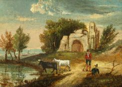 Early 19th century, A lakeside scene of two figures watering their cattle, with ruins in the