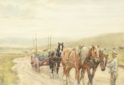 Nathaniel Hughes John Baird (1865-1936) British, A figure and horses on a country road, watercolour,
