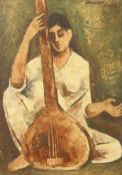 Parshotam Singh (20th Century) Indian, A study of a female figure playing a Tanpura, oil on