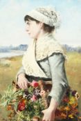 Eugene Andre (19th/20th century) French, Portrait of a young lady with a bouquet of wildflowers in a