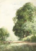 Charles Harrington (1865-1943) British, Cattle grazing in woodland shade, watercolour, signed, 14