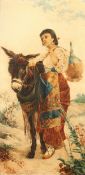 J. Krukowski (19th/20th Century) Polish. An elegant young lady in traditional costume with a donkey,