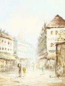 Caroline Burnett (1877-1950) American, a contemporary study of a French street scene with figure,