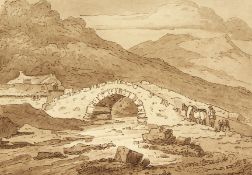 A collection of eleven landscapes, ink & wash and prints, unframed, ranging from 5.5