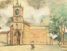 Robert Deletang (1874-1951) French. A figure carrying a basket outside a church building, mixed