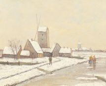 W. Router (early 20th century), A winter landscape with wayfarers on a frozen waterway, oil on