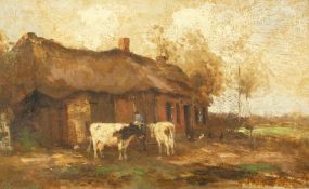 William George Frederick Jansen (1871-1949) Dutch, Castle and figures outside farm buildings, oil on