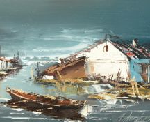 20th century, Southeast Asian School, a view of a boat with houses beyond, oil on board,