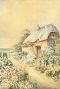 John Stannard (19th century) British, a thatched cottage with flowers in bloom, watercolour, sign,