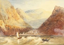 A coastal town surrounded by mountains, with sailing scene in the foreground, watercolour, unframed,