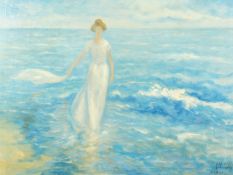 Albert Redon (20th century), A woman in a white dress walking on a shoreline, oil on canvas,