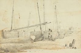 19th century, 'DEAL LUGGERS', A fishing port scene depicting boat and net maintenance, pencil
