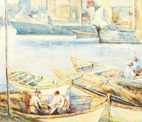 Warren (20th century) A busy port scene with figures mending nets, oil on canvas, signed, 22