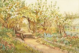 Joshua Fisher (1859-1933) British, 'A Quiet Read' A gentleman sat reading on a bench in a floral