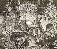 Russian school, surrealist composition of figures leaving a tunnel, wood engraving, indistinctly
