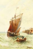 J. F. Slater, A continental port scene with shipping at full sail, oil on canvas, signed, 20