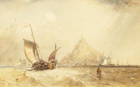 19th century English school, A view of shipping off St. Michael's Mount, watercolour, 9