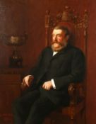 Late 19th century English school portrait of a seated gentleman beside a trophy, oil on canvas,
