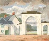 John Brown (20th century) Scottish, A view of a gatehouse, oil on board, signed with initials, 10