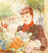 Hungarian School (20th century) A female figure carrying flowers with a busy street scene beyond,