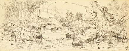 Late 19th century British school, two humorous angling scenes, pen drawings, monogramed 'SH', 4