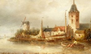 A. Hulk, Dutch school, Figures in a rowing boat with a windmill beyond, oil on mahogany panel, 4.25