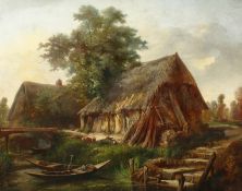 Jules Louis Marie Lhote (19 century) French, Riverside dwellings with resting boats and livestock,