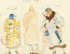 Edward Alfred Cucuel (1785-1954) American, 'Merrie Xmas 1933', A man with two dogs in costume,