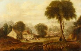 Abel Hold (1815-1891) British, The village fete with an artist in the foreground and a castle
