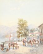 Charles Rowbotham, Traders conversing on a coastal trail with boats and buildings, watercolour,