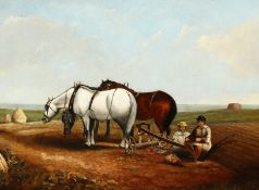 19th/20th century English school, Resting farmers with their horses and plough, oil on canvas, 18